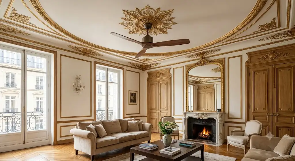 Ventilateur de plafond en bois design intégré dans un grand salon d'appartement haussmannien avec moulures dorées et parquet en point de Hongrie