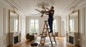 Installation d'un ventilateur de plafond sous une grande hauteur sous plafond de 3 mètres dans un séjour haussmannien parisien