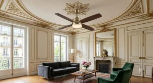 Ventilateur de plafond avec luminaire LED réglable complétant le style chic et moderne d'un appartement haussmannien