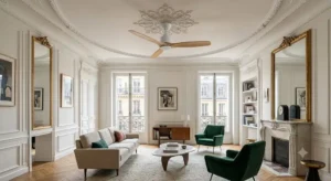 Ventilateur de plafond au design scandinave moderne apportant une touche contemporaine dans un salon haussmannien d'origine