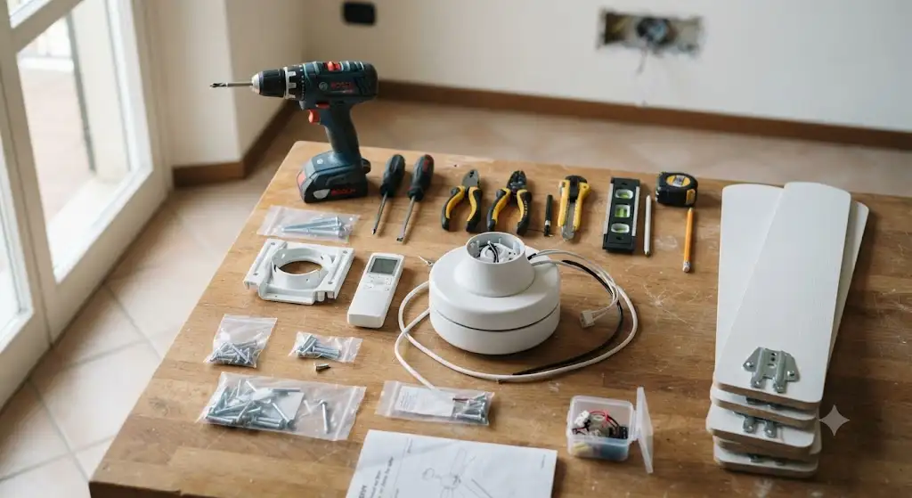 Strumenti e attrezzi necessari sul tavolo per montare un ventilatore da soffitto in casa.