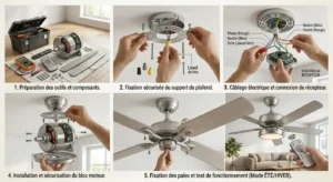 Guide illustré pour monter et fixer un ventilateur de plafond réversible en toute sécurité.