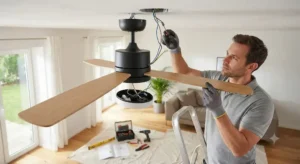Fase di montaggio e installazione di un ventilatore a pale da soffitto