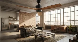 Miglior ventilatore a soffitto dal design industriale con pale in legno naturale in un open space 