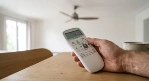 Télécommande de contrôle des vitesses et options d'un ventilateur de plafond à moteur DC. 

