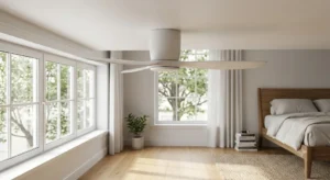 Modèle de ventilateur de plafond extra-plat avec moteur DC adapté aux pièces à plafond bas.