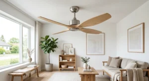 Ventilateur de plafond à moteur DC muni de pales en bois naturel dans un intérieur scandinave.
