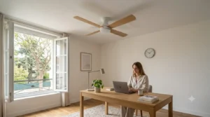Ventilateur de plafond profil bas en bois naturel ultra silencieux pour bureau