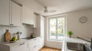 Ventilateur de plafond profil bas compact adapté pour une cuisine moderne