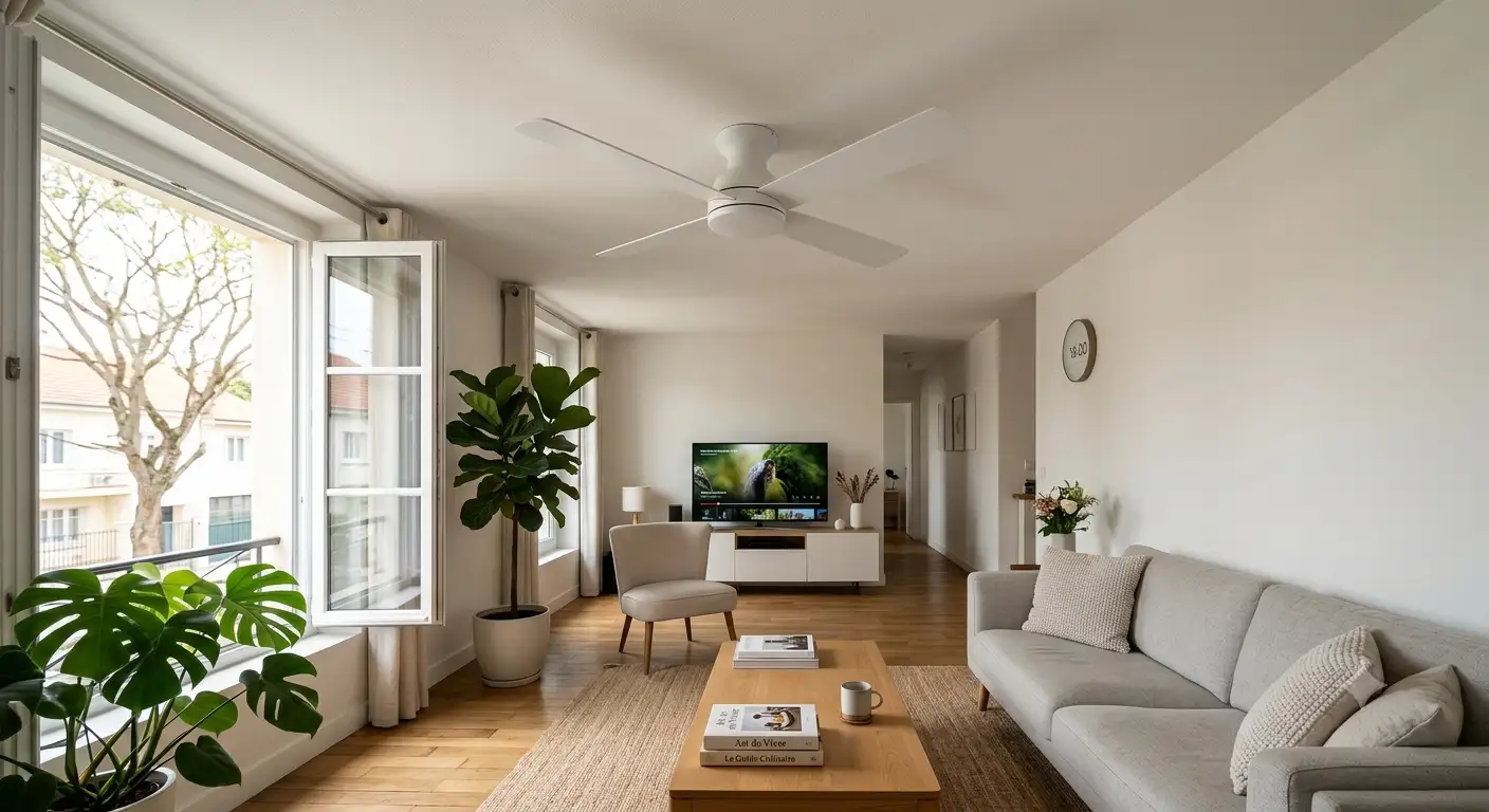 Ventilateur de plafond profil bas blanc installé dans un salon moderne à plafond bas