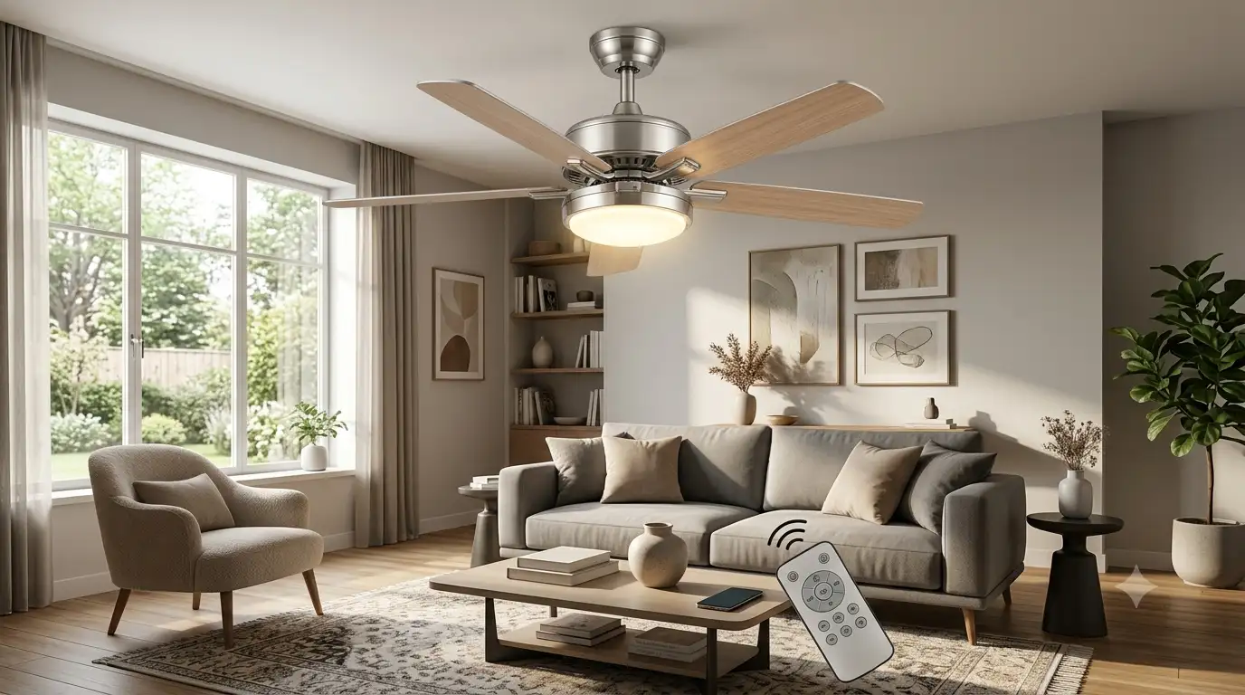 Ventilateur de plafond réversible équipé d'un éclairage LED intégré dans un salon moderne.