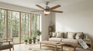 Ventilateur de plafond réversible aux pales en bois massif dans un intérieur au style scandinave.