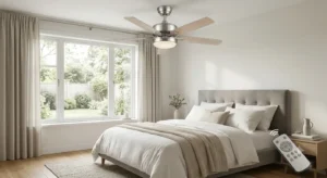 Ventilateur de plafond réversible ultra silencieux installé au-dessus du lit dans une chambre à coucher.