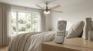 Télécommande sans fil permettant d'inverser le sens de rotation d'un ventilateur de plafond réversible.