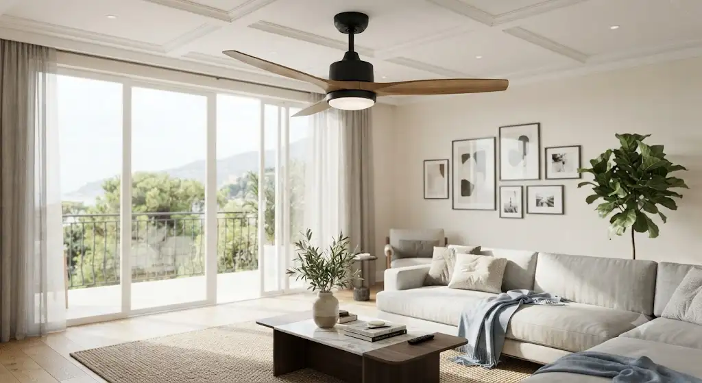 Moderno ventilatore a pale da soffitto installato in un elegante soggiorno luminoso