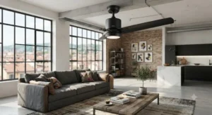 Ventilatore a pale da soffitto nero opaco con design industriale contemporaneo 


