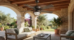 Ventilatore a pale resistente installato in una veranda o patio esterno coperto