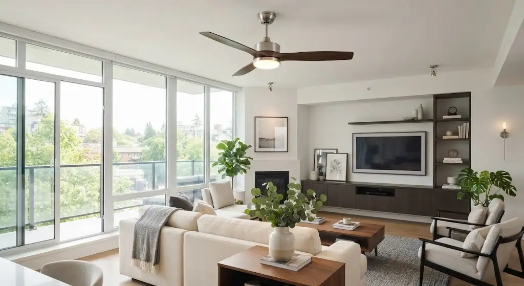 Ventilatore a soffitto con luce LED dal design moderno installato in un elegante soggiorno luminoso.