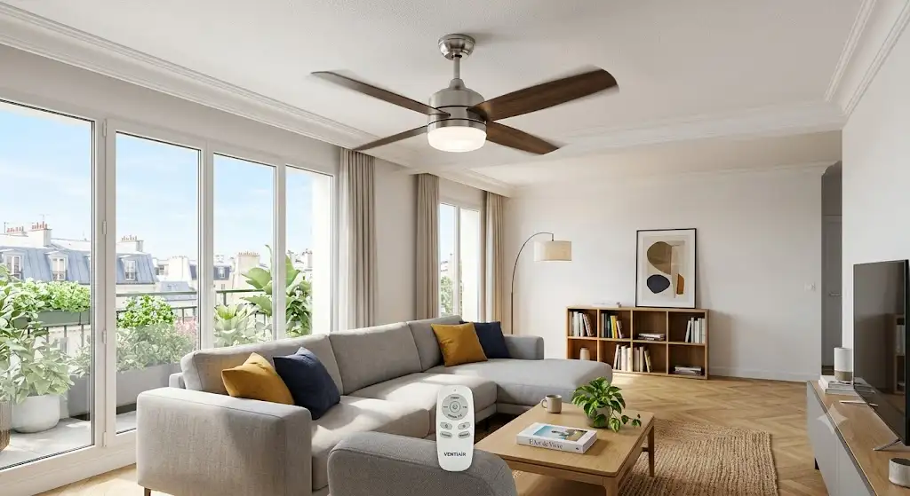Ventilateur de plafond avec télécommande installé dans un salon moderne lumineux