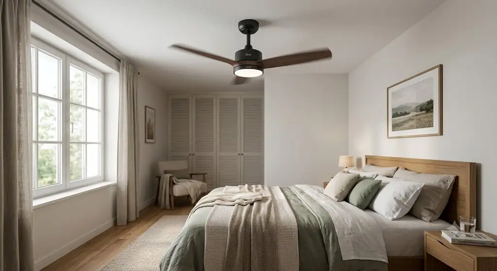 Ventilateur de plafond Dreo silencieux installé dans une chambre à coucher moderne