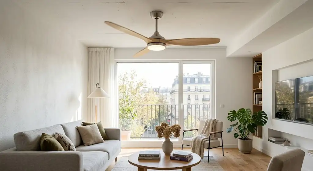 Ventilateur de plafond Create au design moderne installé dans un salon contemporain et lumineux.
