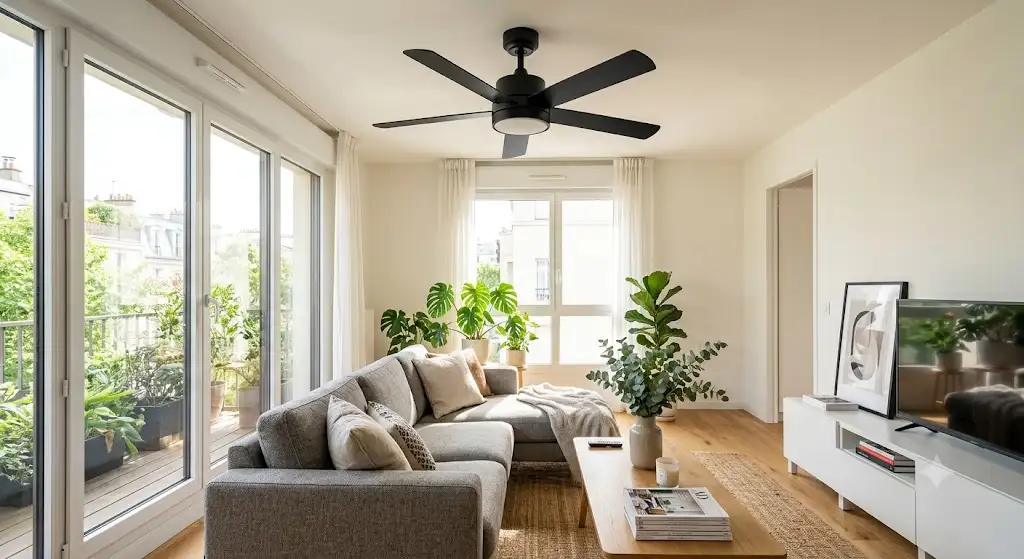 Ventilateur de plafond IKEA installé dans un salon moderne et lumineux.