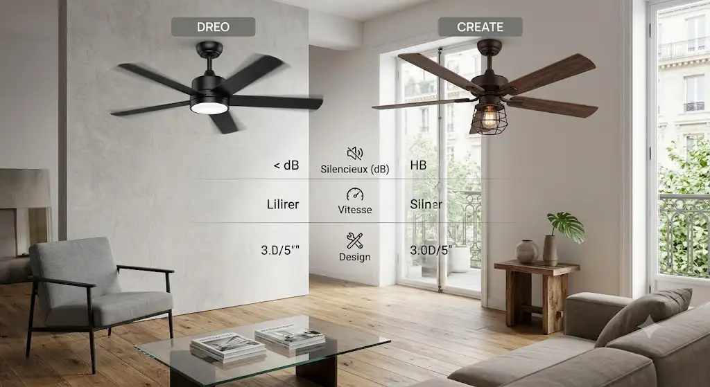 Comparatif visuel entre la marque dreo ou create ventilateur de plafond