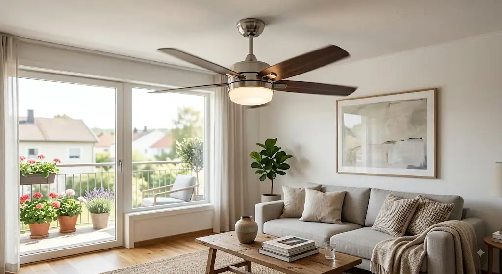 Ventilateur de plafond pas cher avec éclairage intégré installé dans un salon moderne.
