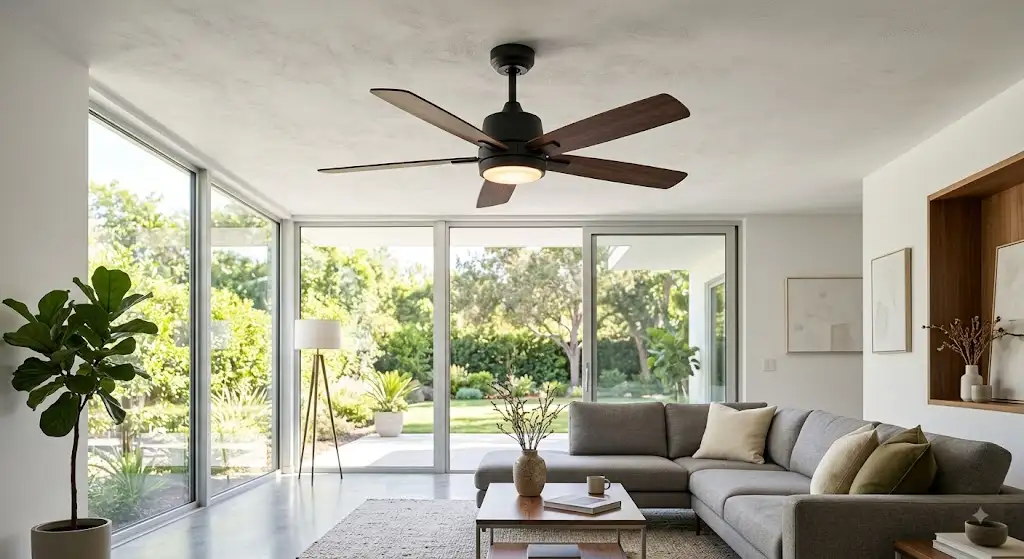 Sélection du meilleur ventilateur de plafond moins de 150 euros installé dans un salon moderne
