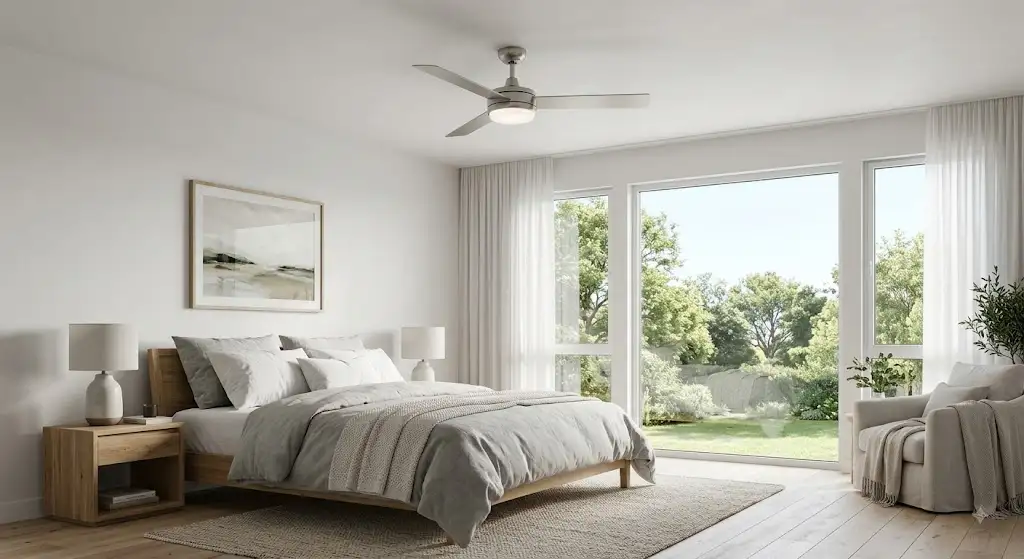 Ventilateur de plafond silencieux avec éclairage LED installé dans une chambre à coucher moderne. ventilateur plafond chambre