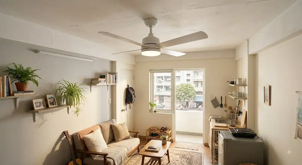 Ventilateur de plafond compact et silencieux installé dans le salon d'un petit appartement studio ventilateur de plafond petit appartement