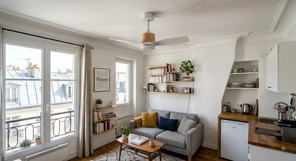 Ventilateur de plafond compact et design installé dans un studio parisien aux espaces optimisés. ventilateur de plafond studio parisien