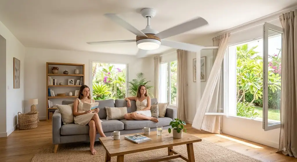 Ventilateur de plafond moderne en fonctionnement dans un salon lumineux pour rafraîchir la pièce pendant la canicule (ventilateur de plafond canicule)