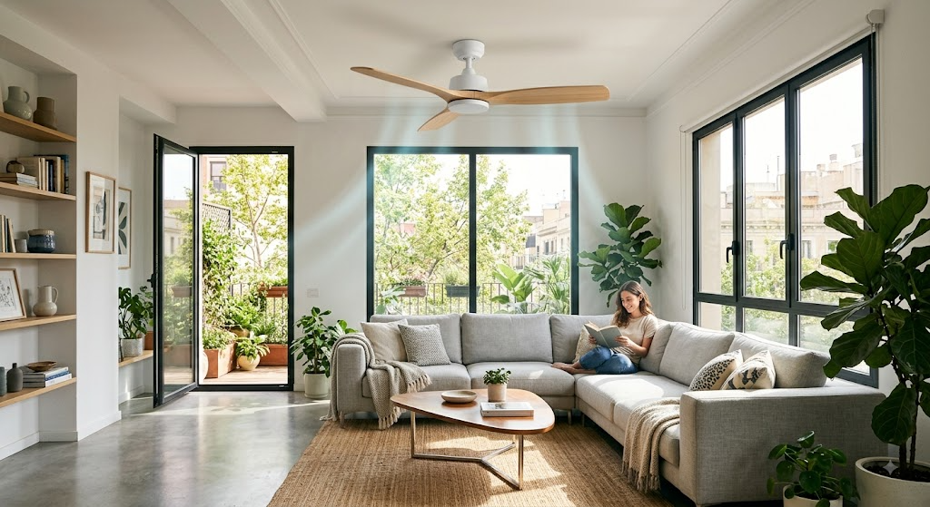 Ventilateur de plafond silencieux installé dans un salon moderne comme alternative écologique à la climatisation ventilateur de plafond alternative climatisation