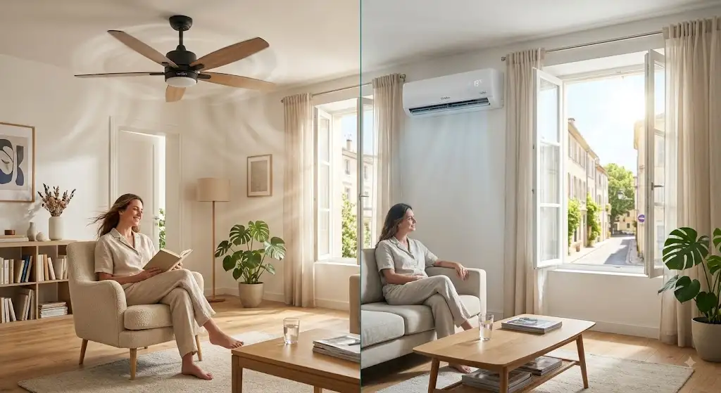 Comparatif visuel entre ventilateur de plafond ou climatisation pour rafraîchir un salon en été