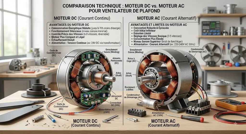 Schéma comparatif entre un moteur dc vs moteur ac ventilateur plafonddétaillant leurs principales caractéristiques.