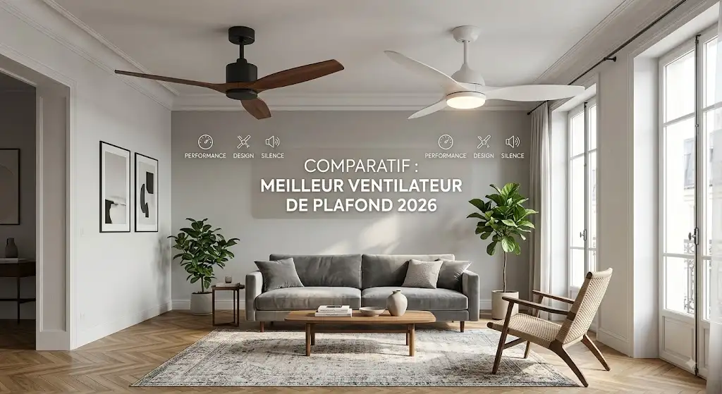 Comparatif du meilleur ventilateur de plafond 2026 installé dans un salon moderne en France