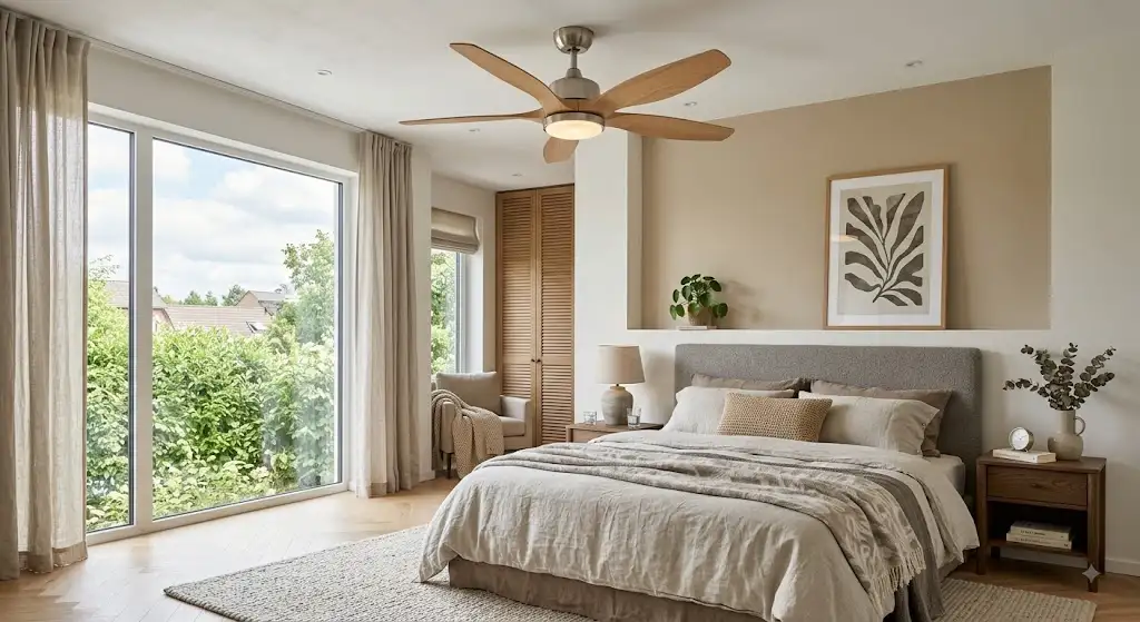 Ventilateur de plafond silencieux en bois clair installé au-dessus d'un lit dans une chambre parentale moderne