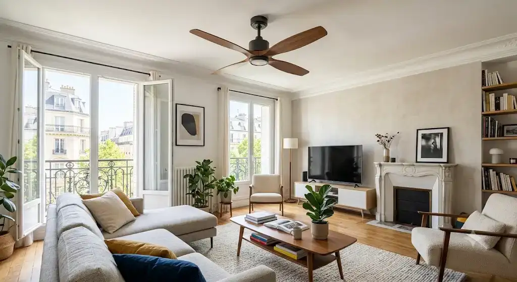 Ventilateur de plafond connecté avec pales en bois installé au centre d'un salon contemporain lumineux