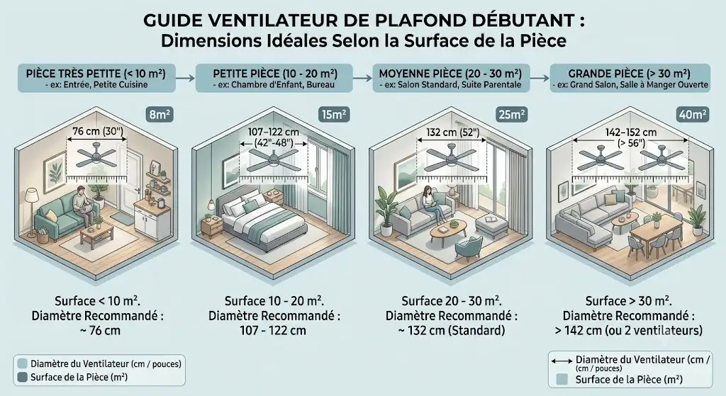 guide ventilateur de plafond debutant : schéma des dimensions idéales selon la surface de la pièce en mètres carrés.