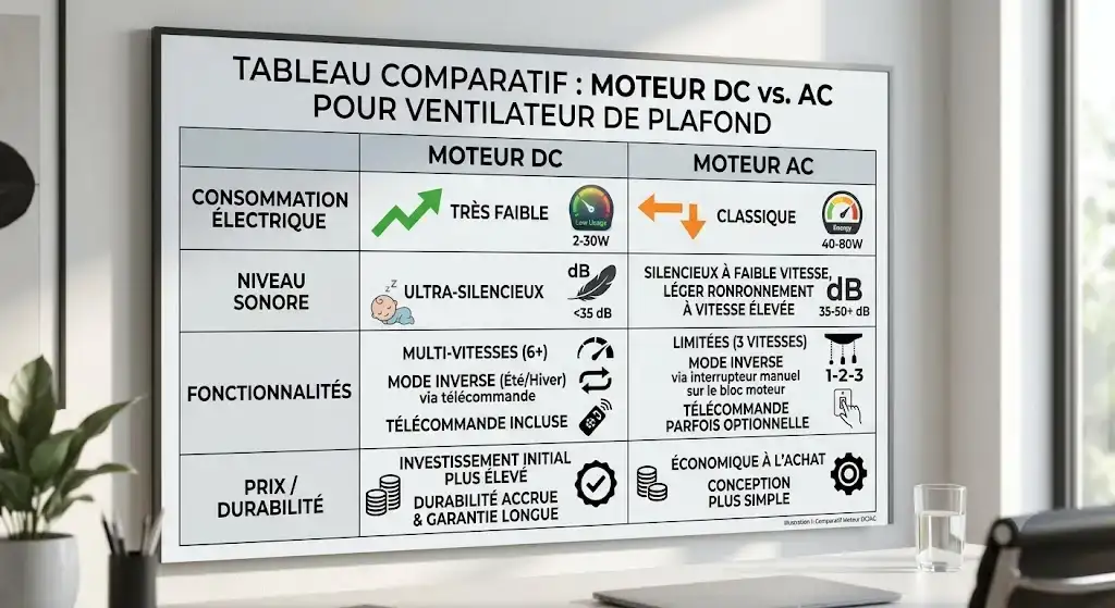 Tableau comparatif entre moteur DC et AC pour ventilateur de plafond : consommation, bruit et fonctionnalités moteur dc ou ac ventilateur plafond lequel choisir