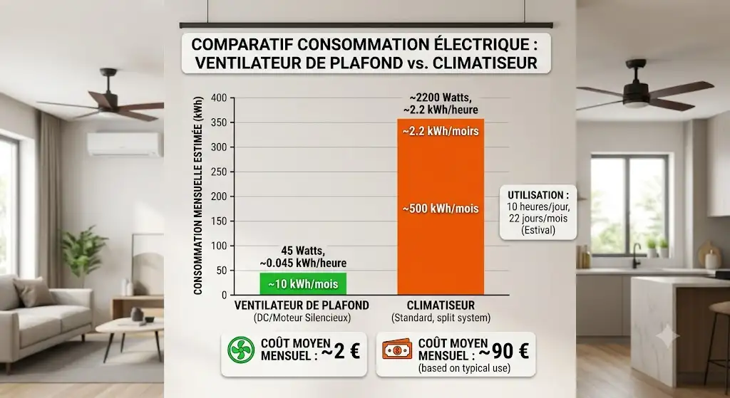 Graphique comparatif de la consommation ventilateur de plafond et d'un climatiseur en kWh