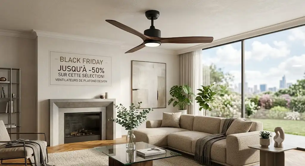 Promotion black friday ventilateur de plafond moderne installé dans un salon contemporain