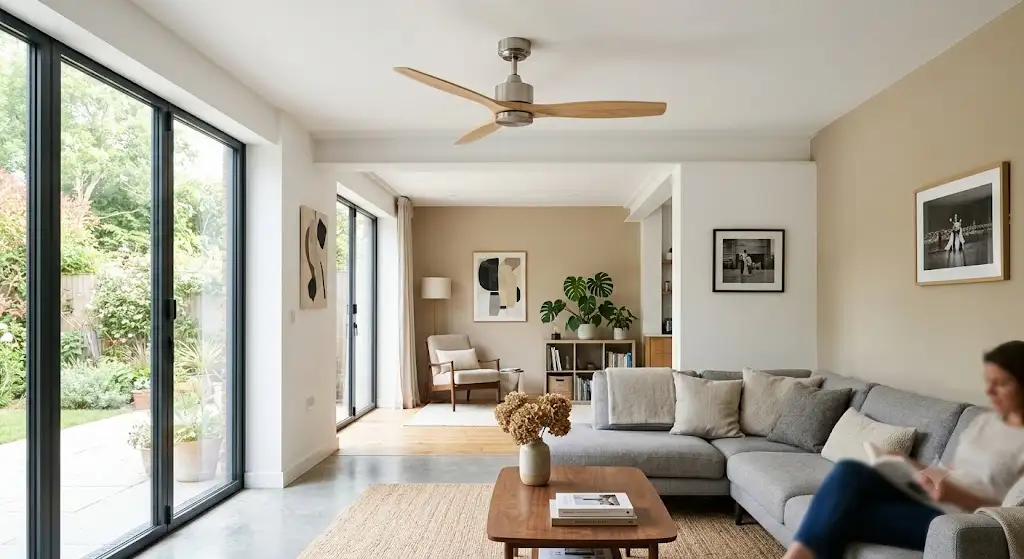 Ventilateur de plafond DC basse consommation avec pales en bois installé dans un salon contemporain lumineux