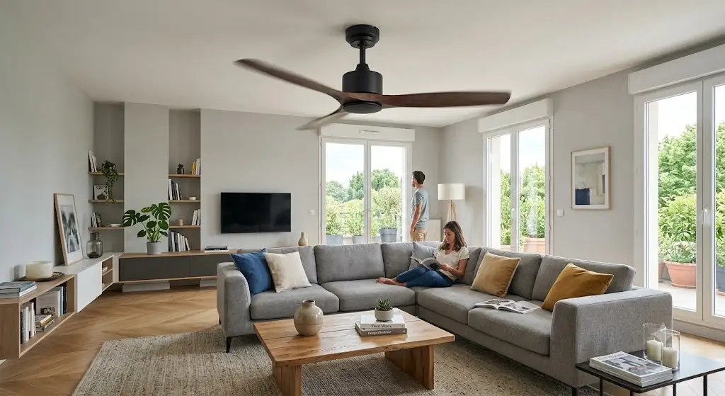 Grand ventilateur de plafond DC silencieux installé dans un salon moderne lumineux