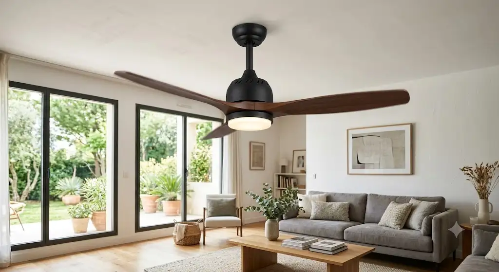 Grand ventilateur de plafond moteur ac robuste installé dans un salon contemporain lumineux