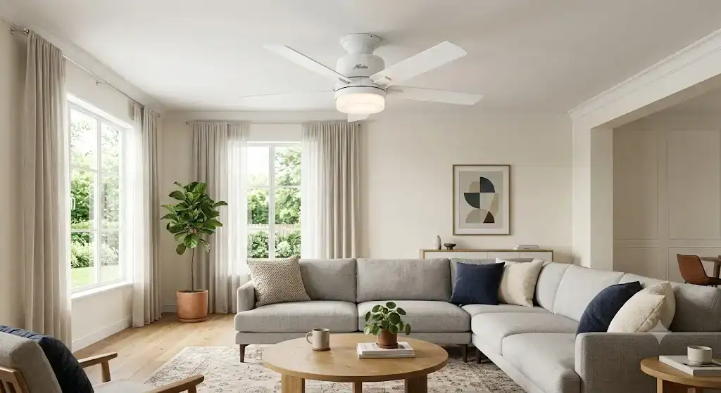 Ventilateur de plafond montage affleurant blanc installé dans un salon moderne à plafond bas