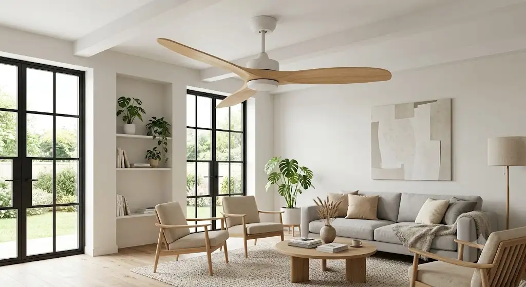 ventilateur de plafond design scandinave en bois clair installé au centre d'un salon lumineux et épuré