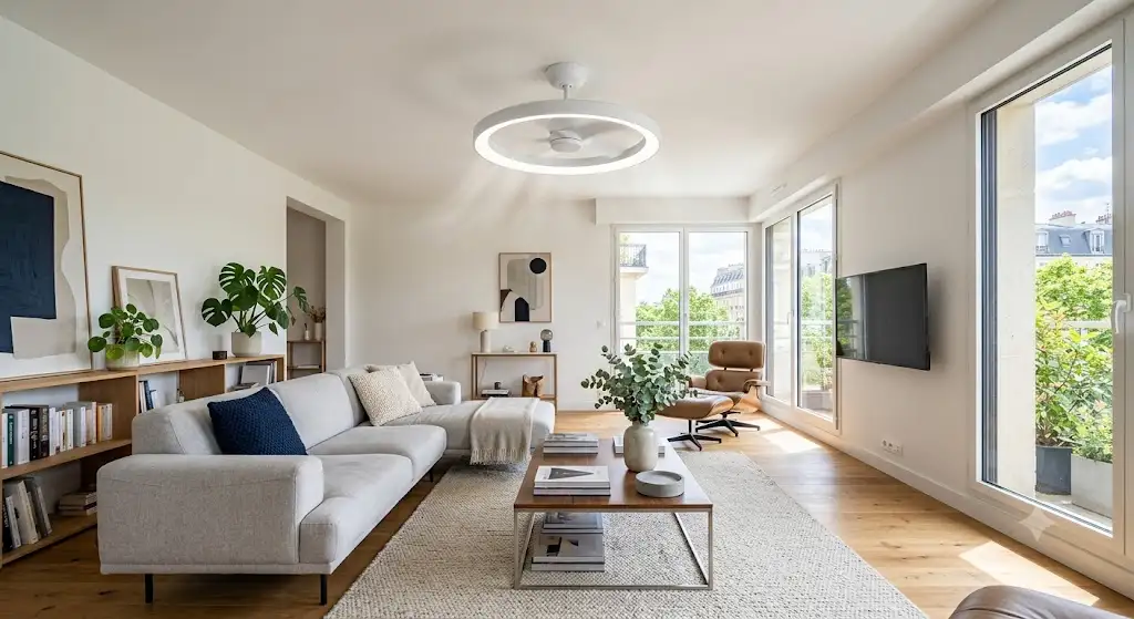 Ventilateur de plafond sans pales au design moderne installé au centre d'un salon lumineux.