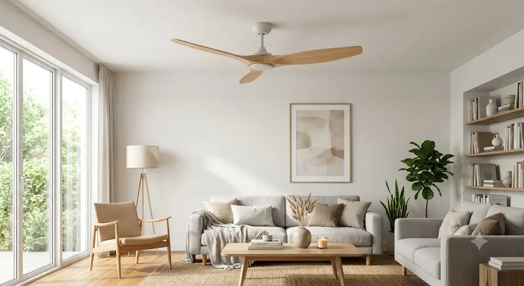 ventilateur de plafond bois naturel installé dans un salon moderne au style scandinave lumineux